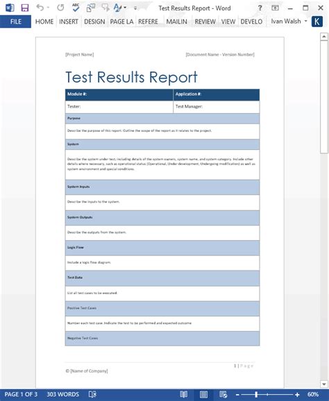 Test Results Report form MS Word Software Testing