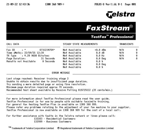 Test fax number. To get started, send a test fax to TestFax Professional 1300 368 909. The document you send needs to be relatively complex and take more than 70 seconds to transmit, giving the TestFax service time to test the line quality. Below are some example documents and results: Test fax 1. Not enough detail. 