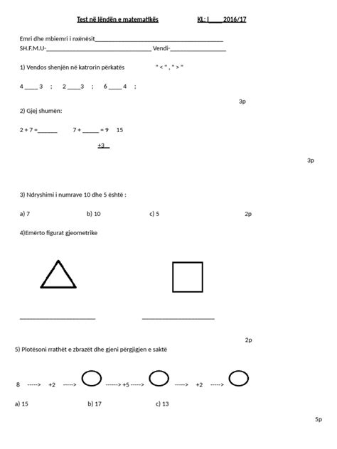 Teste matematike klasa 1 albas.  Edhe ndarja e temave Ministry of Educatio...