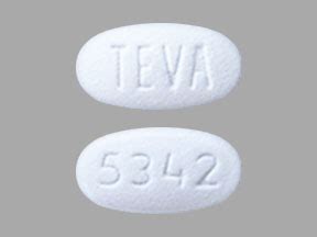 TEVA 5342 Color White Shape Oval View details. Can't find what you're looking for? How to use the pill identifier Enter the imprint code that appears on the pill. Example: L484; Select the the pill color (optional). Select the shape (optional). Alternatively, search by drug name or NDC code using the fields above.. 