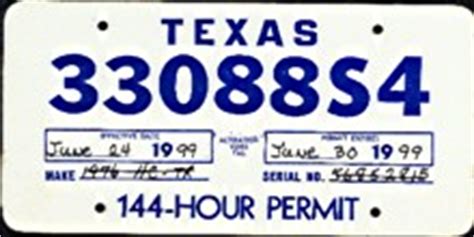 144-hour Permit. First year of issue: ???? Fee: $50. Single cardboard tag. Full temporary registration to laden or unladen trucks, truck tractors, trailers, .... 