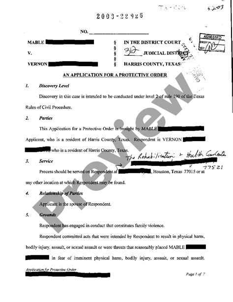 Texas Application for a Protective Order Application For Protective