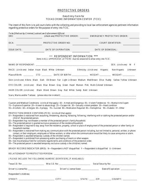Texas Protective Orders Data Entry Form for Texas Crime Information