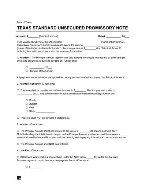 Texas Unsecured Promissory Note Template Promissory Notes Promissory Notes