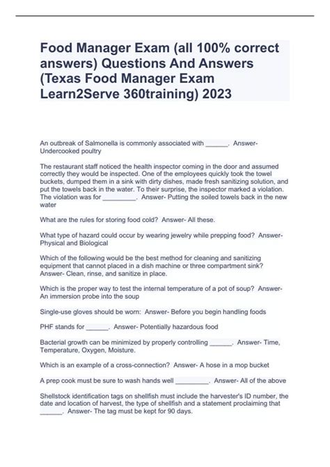 Texas food manager exam answers pdf. Download File Texas Food Manager Exam Answers Pdf Free Copy ... food manager exam all 100 correct answers flashcards Dec 14 2022 web texas food manager exam learn2serve 360training terms in this set 78 an outbreak of salmonella is commonly associated with 