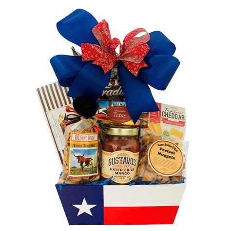 Texas gift baskets. Taste of Texas Gift Basket $ 70.00. Add to cart. Texas Cattle Drive Gift Basket $ 210.00. Add to cart. Lone Star Pride Gift Basket $ 175.00. Add to cart. Trail Mix, 2 ... 