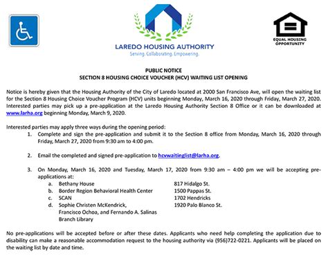 Texas housing authority open waiting list 2023. Housing Choice Voucher Waiting List Opening 2023. The Hampton Redevelopment & Housing Authority will accept applications for its Housing Choice Voucher Program waiting list from Thursday, May 11, 2023 at 8:00 AM through Saturday, May 13, 2023 at 11:59 PM. This is an online-only offering; no applications will be taken on site. 