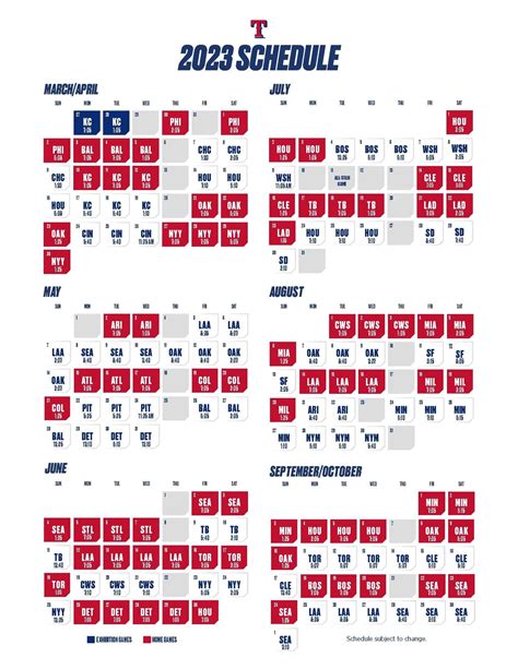 Keep up with the 2024 Texas Rangers with our handy printable schedules, now available for each US time zone. Schedules include the entire regular season with dates, opponents, locations, and times and can be printed on 8 1/2" x 11" paper. Schedules also available with all text in black for easier reading. Hey awesome Texas Rangers fans!. 