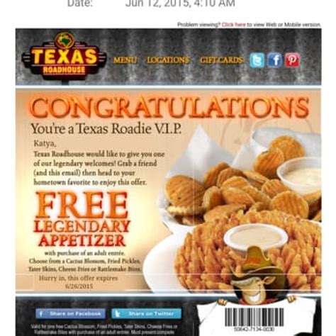 Coupon code for Texas Roadhouse. Texas Roadhouse Coupons & Promos ... She made us so comfortable and as it was our first time she helped us decide the best beverage and appetizers. Loved it and going again soon. Overall Rating. 10 "Perfect "keyyairrahh♥ A. Food. 8. Decor. 8. Service. 8.. 