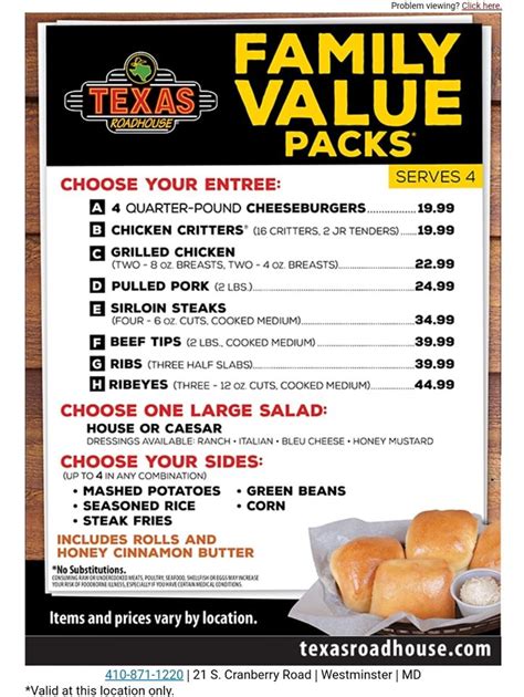 Texas roadhouse family meals $35. Mar 13, 2024 · If you’re wondering about the Texas Roadhouse $5 Meal Deal, also known as the Texas Roadhouse family meal, it includes a main dish, fries, and rolls for advance ordering and take-out. While there’s no explicit answer available regarding the Texas Roadhouse birthday discount for seniors, it’s worth exploring the benefits of becoming a ... 
