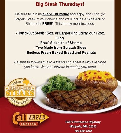 Texas roadhouse specials thursday. AMARILLO, Texas (KFDA) - Texas Roadhouse will be hosting the 15th annual “Tip-A-Cop” event with local police to raise money for Special Olympics Texas. On Thursday from 5:00 p.m. until 9:00 p ... 