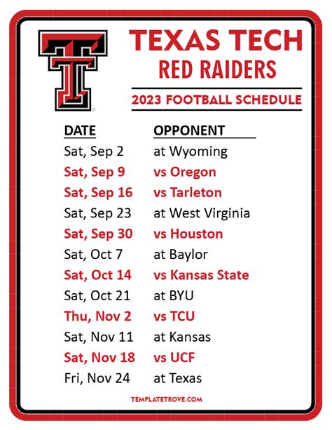 Red Raiders. ESPN has the full 2022 Texas Tech Red Raiders Regular Season NCAAF schedule. Includes game times, TV listings and ticket information for all Red Raiders games.. 