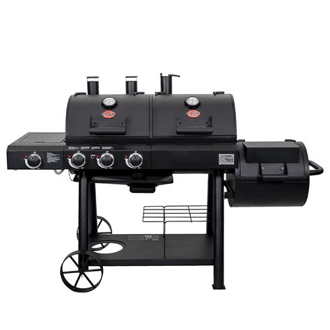 Texas Trio 4-Burner Dual Fuel Grill with Smoker in Black: Portable Outdoor Propane Oven, Two Burner Stove Combo for Camping, RV, Tailgating, Trailer: Longhorn Combo 3-Burner Charcoal and Gas Smoker Grill in Black with 1,060 sq. in. Cooking Space: Oakford 1150 Pro 3-Burner Propane Combo Grill and Offset Charcoal Smoker in Black: Price $