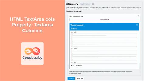 Textarea cols.  In ASP.  </textarea> Explore the HTML DOM Textarea cols property to control...