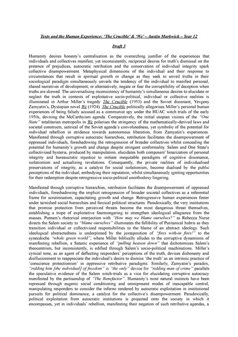 Texts and human experiences the crucible essay.  3.  This is the practice essay I ...