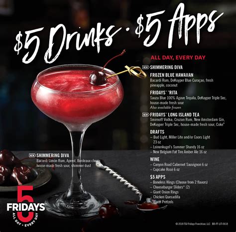 Tgi fridays happy hour. DEALS IN Strongsville, OH. Introducing $5 HAPPY HOUR. Our all NEW Happy Hour is here. Premium cocktail selections for just $5. Whether it's post-work relaxation or grabbing a drink with friends, we've got you. Dine-in only. At participating locations only. Hours and times may vary by location. 