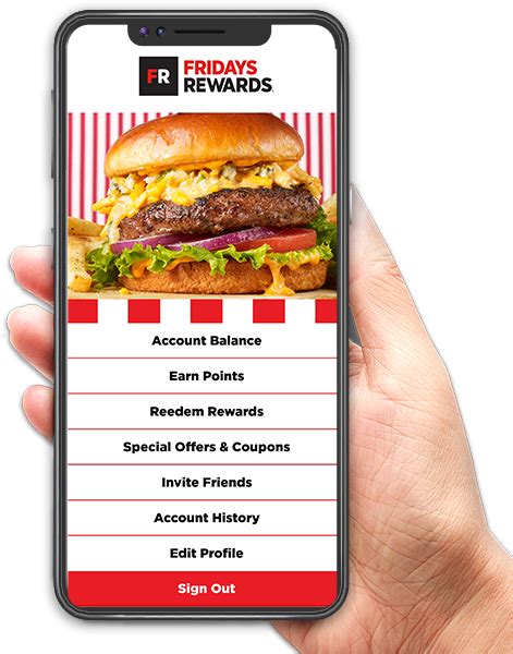 Download the NEW Fridays App to keep track of your account and your points. Order ahead and save your favorite orders. Use gift cards to pay. Select your method of pick-up. Plus, FREE Chips and Salsa and $3 off any appetizer with every visit. Enjoy the perks of the Fridays app with every visit. Order ahead, curbside pick up, Fridays delivery .... 