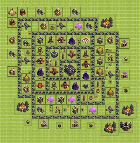 Th 9 base designs. Base 9: Hybrid Base This is the first hybrid base in the list. It offers protection for resources from two sides, with the Dark Elixir storage adjacent to the Town Hall in the core. The Scattershot is isolated to create unpredictable troop pathing. Base 10: Trophy Base This base features a ring design with three setups of corridors around the ring. 