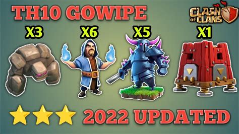 Jul 13, 2022 · 5 players. 2 healing spells. 2 rage spells. 1 jumping spell. Players (Clan Castle) GoWiBo is one of the most reliable 3-star strategies in Town Hall 10 in Clash of Clans if you have clan castle players and a siege machine. Golems and Witches must be used by players to build a funnel, and players and heroes must complete the base.. 