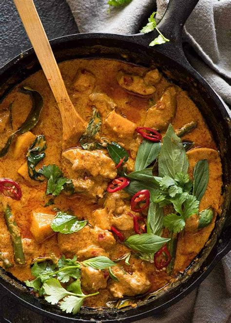 Thai curries. The amount of water will depend on whether you want to make the curry thinner or thicker. Cook for 10 minutes, then add the potatoes. Reduce the heat and simmer until the potatoes are soft and tender and the chicken pieces are cooked. Season it with salt, palm sugar, and fish sauce. 