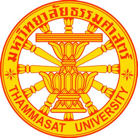 English: Emblem of Thammasat University, featuring 12-spoked Dhammacakra overlapped by 2-story tray with constitution tome on top, which is symbol for constitution of Thailand. All lines must be in red and filled with yellow, according to original regulation. . 