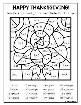 Thanksgiving Multiplication Color by Number Thanksgiving color