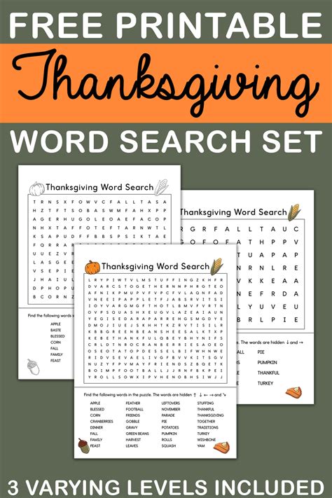Thanksgiving Word Search Printable Set 3 Varying Levels of Difficulty