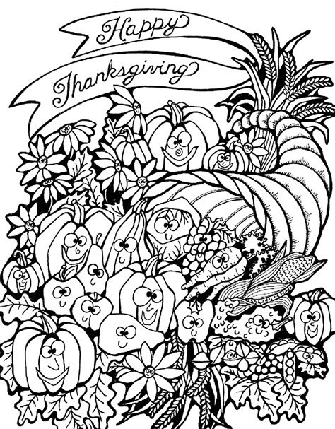 Thanksgiving cornucopia and turkey Thanksgiving Adult Coloring Pages