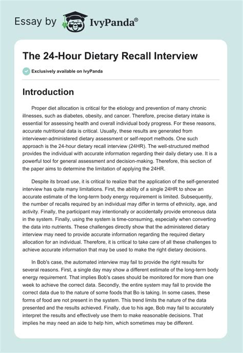 The 24Hour Dietary Recall Interview 1668 Words Case Study Example