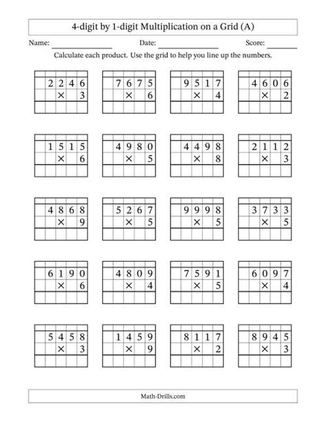 The 4Digit by 1Digit Multiplication with Grid Support (A) math