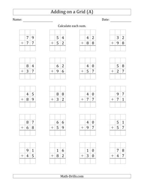 The Adding 2Digit Plus 2Digit Numbers on a Grid (A) Math Worksheet