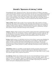 The Analysis Of Debra Brandt’s Article “Sponsors Of Literacy”