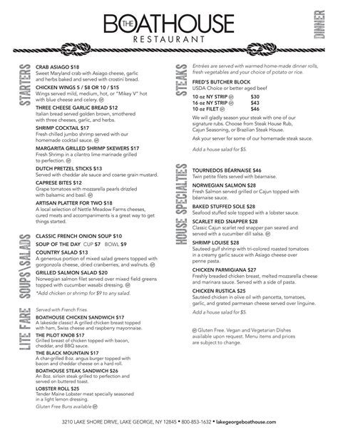 The Boathouse Bar and Restaurant, menu