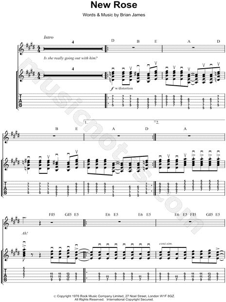 The Damned "New Rose" Guitar Tab in E Major