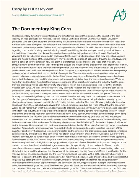 The Documentary King Corn Summary Essay Example