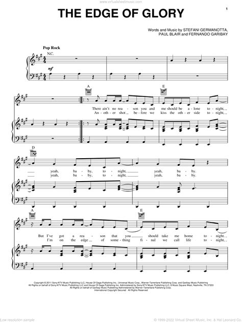 The Edge Of Glory By Lady Gaga, - Sheet Music Plus