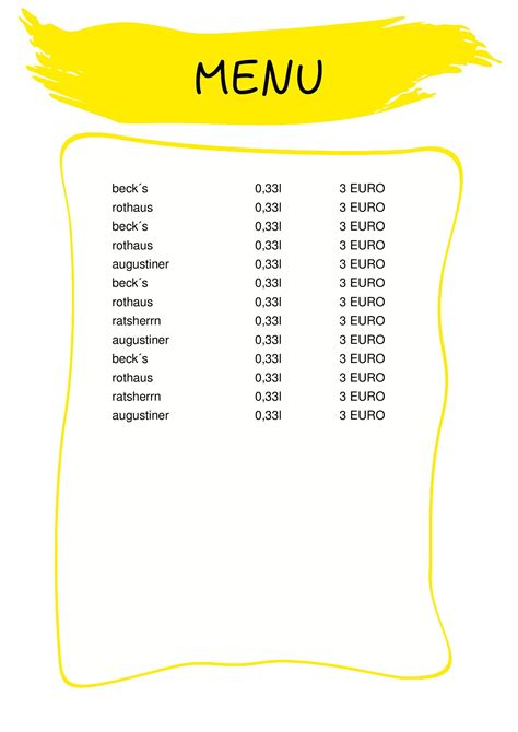 The Excel menu is one page menu with images of the items offered in the