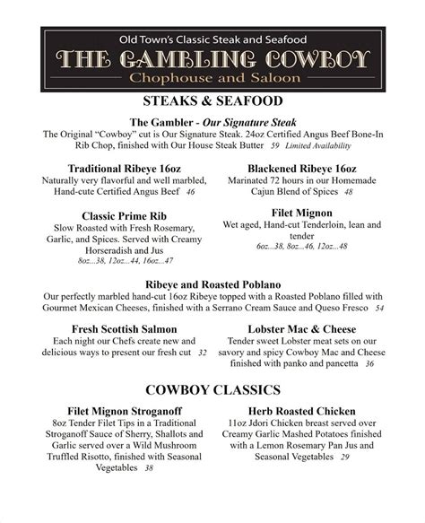 The Gambling Cowboy menu in Temecula, California, USA