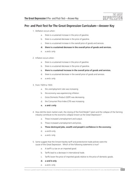 The Great Depression Pre and PostTest Answer Key