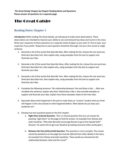 The Great Gatsby ChapterbyChapter Reading Notes and Questions