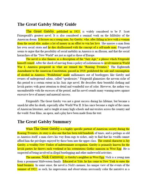 The Great Gatsby Study Guide Answers