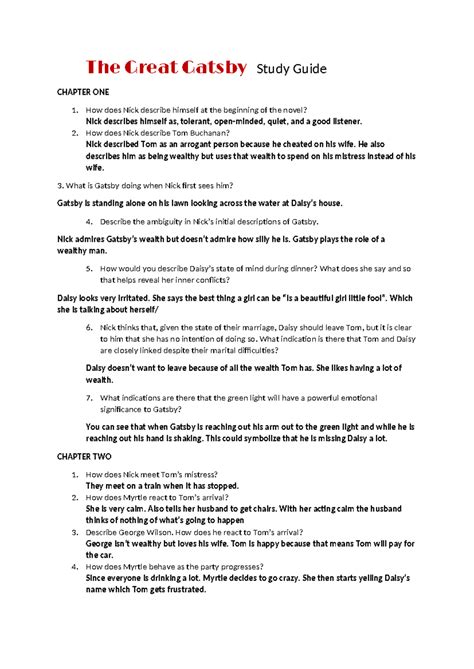 The Great Gatsby Study Guide Chapter 1 What quality does Nick