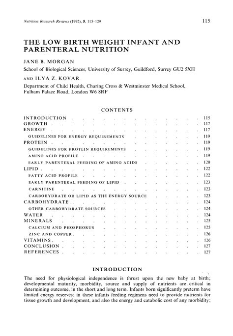 The Low Birth Weight Infant and Parenteral Nutrition