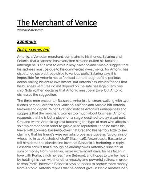 The Merchant of Venice Act and Scene Summaries