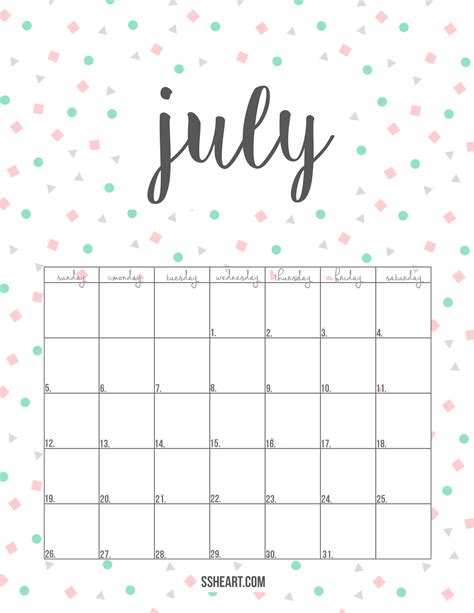 The Month Of July Calendar
