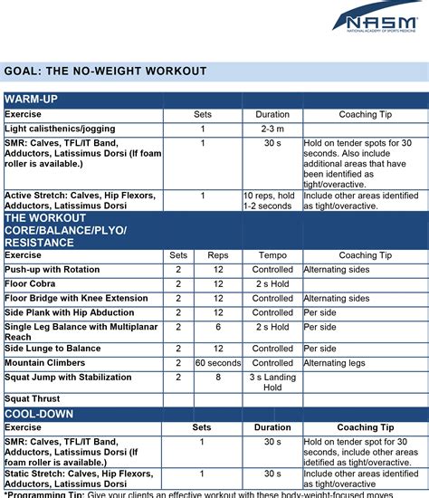 The NoWeight Workout NASM Sample Exercise Programs Pinterest