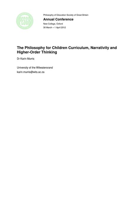 The Philosophy for Children Curriculum, Narrativity and Higher …