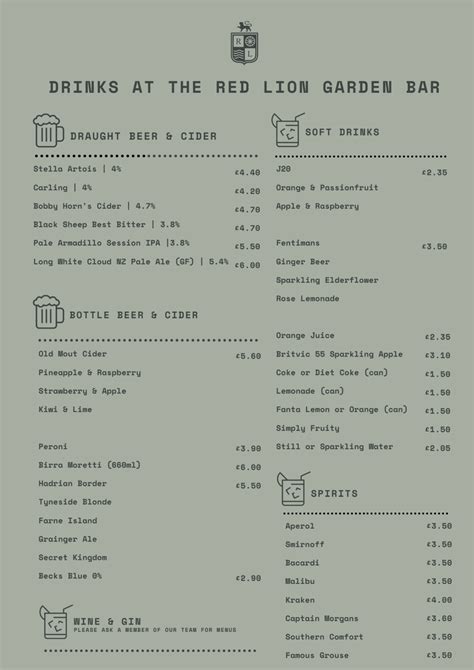 The Red Lion Drinks Menu & Prices - Alocholic & Non …