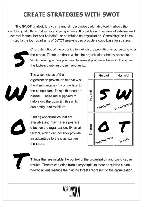 SWOT Analysis. SWOT is a strategic planning method used primarily for business analysis, but its concepts can be applied to crime prevention and problem-oriented policing. This acronym stands for Strengths, Weaknesses, Opportunities, and Threats (Addams & Allred, 2013; Bryson, 2011; Jonassen, 2012).. 