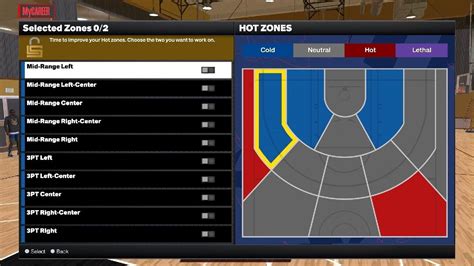 To enhance your shooting game, it's essential to understand the concept of "hot" and "lethal" shooting zones. You can start working on improving these zones by visiting the Art of Shooting gym. In essence, you're aiming to eliminate "cold" zones, which are areas on the court where your shooting performance is subpar..